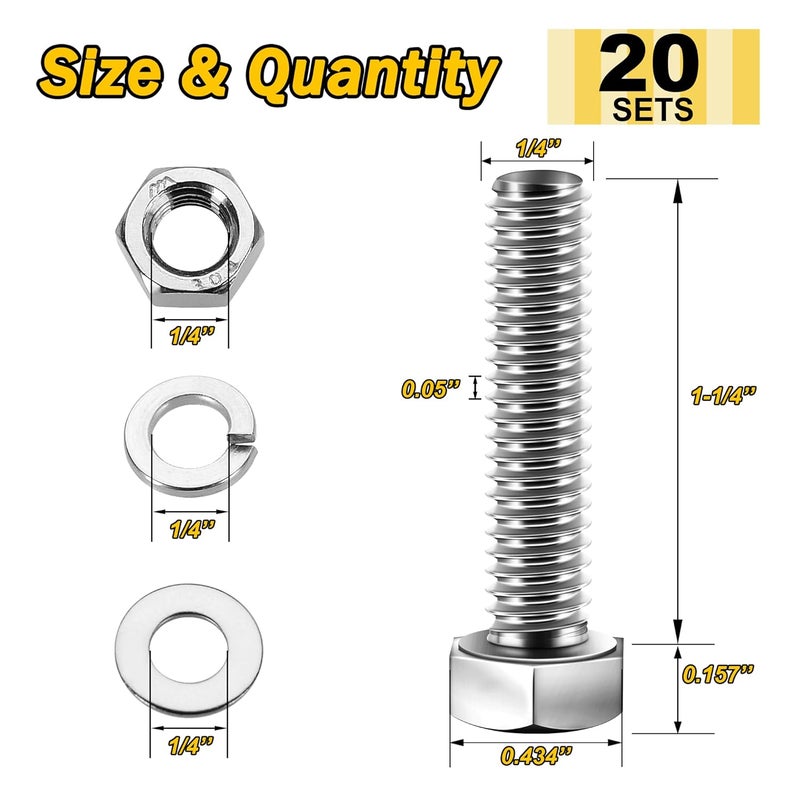 MYWISH (20 Sets) 1/4-20x1-1/4 Hex Head Assorted Screws Nuts and Bolts with Flat & Lock Washers, 304 Stainless Steel 18-8, Fully Threaded, 1/4 Bolt Metric Bolt Assortment - Image 2